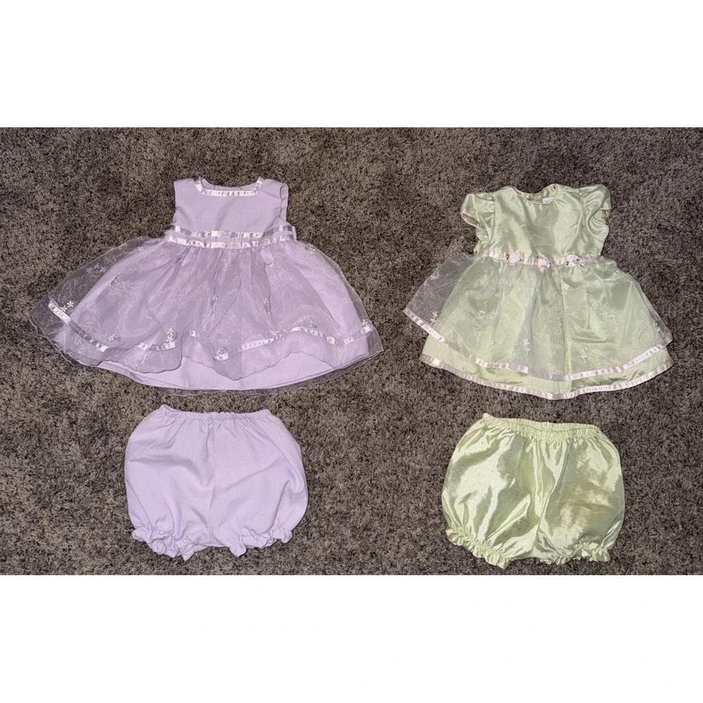 Vtg Y2K Youngland‎ Baby Girl Easter Dresses 3-6,6-9 Pastel Green/Purple Floral